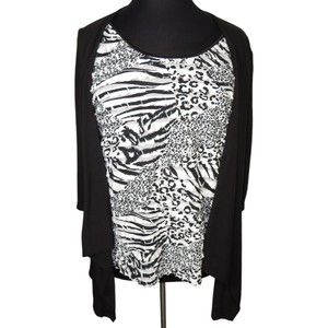Elementz Women Black White Mixed Animal Print Ruffled Layered Look Shirt Plus 2X
